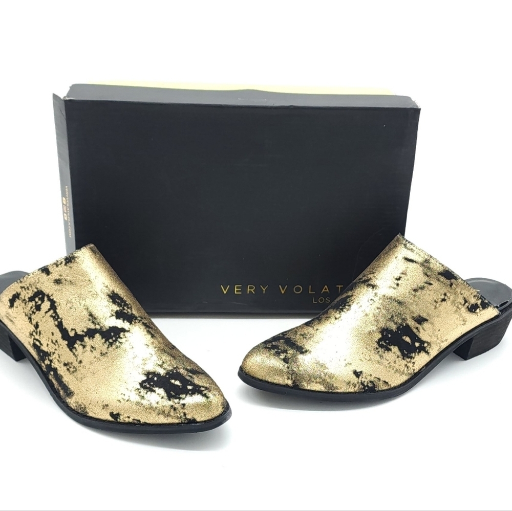 Very Volatile Black and Gold Leather Mules Defect Read